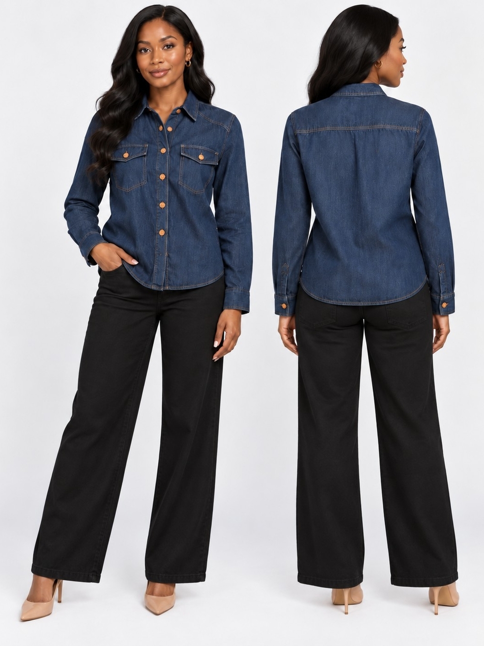 Zara Women’s Denim Button-Up Shirt Medium Dark Wash Western Utility Top